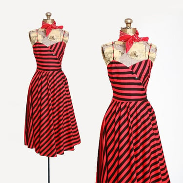 Vintage 70s black + red striped midi full skirt dress 