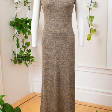 Vintage 1970s Sweater Dress | 70s Metallic Gold Silver Knit Maxi Formal Evening Party Gown | x-small/small/medium 