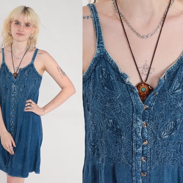 Indian Embroidered Dress Y2k Blue Floral Mini Dress Boho Hippie Sundress Button Up Sleeveless Summer Sun Day Grunge Vintage 00s Small S 