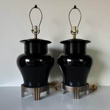 1980's Vintage  Art Deco -  Asian  Style Black Glaze Ceramic Table Lamps - A Pair 