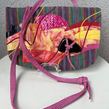 Vintage Carlos Fiori shoulder handbag multicolored pinks textured leather and woven fabric rectangular snake skin accents 