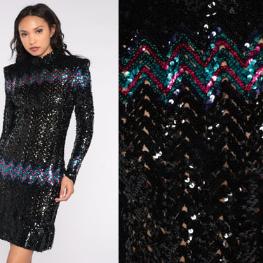 80s Sequin Dress Sheer Black Party Power Shoulders Pencil Dress Long Sleeve Bodycon Going Out Formal Sparkly Vintage Glam Cocktail Small S 