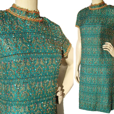 Vintage 60s Turquoise Beaded Silk Dress Swee Lo M 