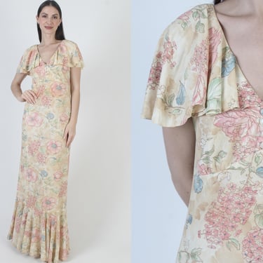 Long Floral Dress, Floor Length Lounge Maxi, Vintage 70s Rose Print Fabric, Grecian Disco Gown 