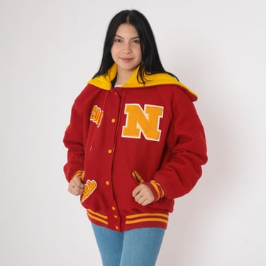 Vintage 2002 Letterman Jacket Red Gold Hooded Wool Blend Varsity Coat Y2K Viking Patch Jessica Ramirez Snap Button Up 00s Oversized Large L 