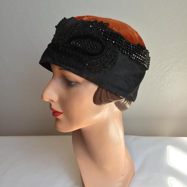 Flapper Fancies - Vintage 1920s Heavy Beaded Black Silk & Orange Silk Velvet Flapper Cloche Hat 