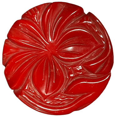 40s Lipstick Red  Bakelite Oversized Deep Carved Circle Brooch.