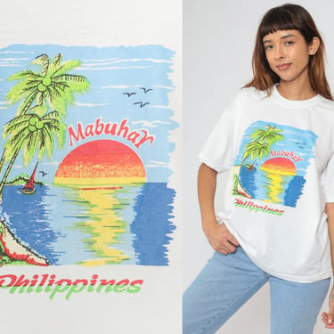 Philippines Shirt Y2K Mabuhay Graphic Beach Tshirt Filipino T Shirt Vintage 00s Tropical Palm Tree Tee Sailboat Travel Souvenir Large xl 