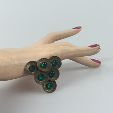 A Girl Needs A Little Riches - Vintage 1930s 1940s Brass Dress Clip Brooch w/Green Glass Cabochons 