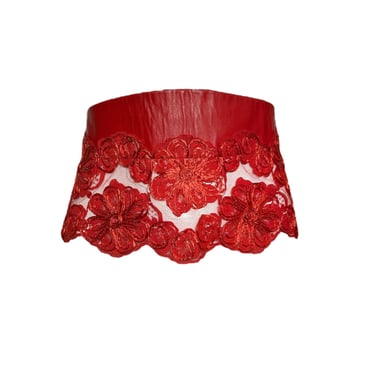 Geoffrey Beene Red Leather and Raffia Floral Peplum Belt