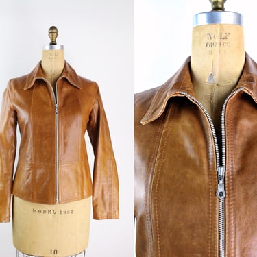 80s Brown Italian Leather Jacket / Front Zipper / 70s Leather Jacket / VERAPELLE Italian leather/ Size S/M 