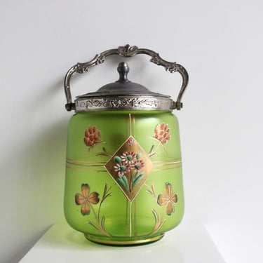 Antique Floral Hand Painted Enameled Green Glass Biscuit Box Art Nouveau Cookie Jar Jugendstil Candy Jar Biscuit Barrel France 1900s 