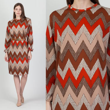 60s 70s Zig Zag Striped Dress - Large to XL | Vintage Long Sleeve Knee Length Shift Dress 