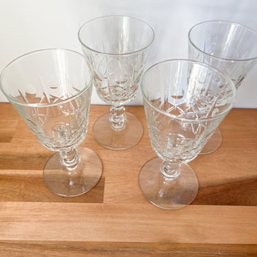 1940s Cut Glass Wine Glasses. Vintage Stemmed Glass Wine Glasses. 