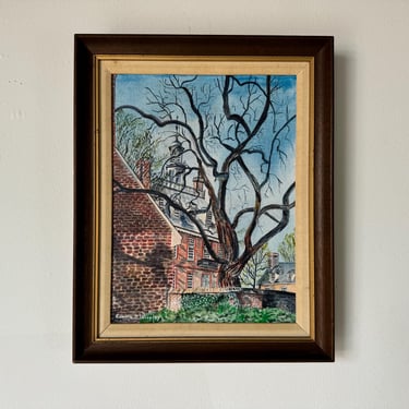 1980's Edwina Z. Worsley Historic Brick Architecture And Winter Tree Landscape Oil Painting, Framed 