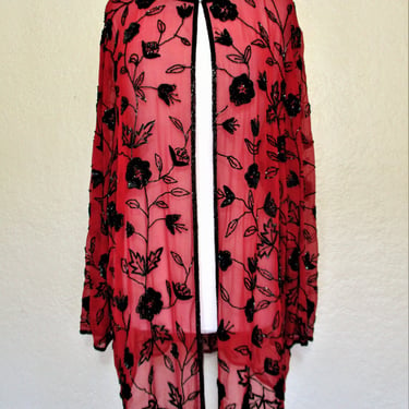 Silk Kimono Jacket, Vintage 80s Scala Red Beaded Silk Chiffon Jacket, Size 2X Women, Black Beads 