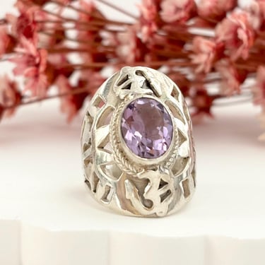 Faceted Oval Amethyst Gemstone Bintage Large Abstract Symbol Sterling Silver Bezel Set Solitaire Chunky Ring - sz 5.25 