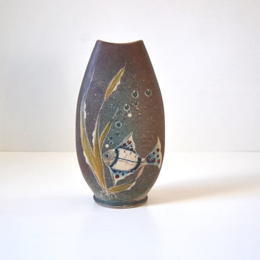 Tilgmans Mid Century Ceramic Vase with Fish Motif, Handmade in Sweden 