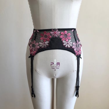 Black and Pink floral Embroidered Garter Belt - Early 2000s 