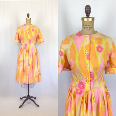 Vintage 50s dress | Vintage pink and orange floral dress | 1950s shirtwaist dress 