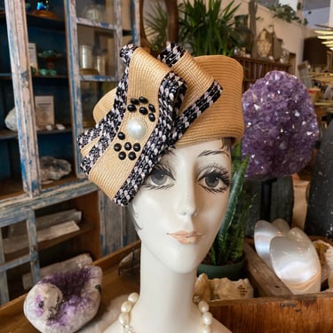 1980s designer hat, oscar de la renta, huge bow, vintage millinery, studded pearls, straw hat, checkered, 22 