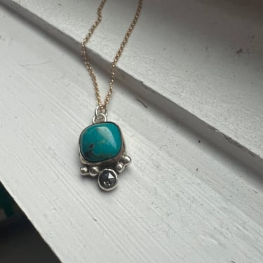 Cushion Cut Turquoise and a rose cut diamond pendant in sterling and 14k goldfill 