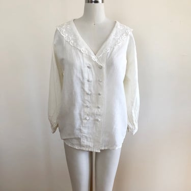 Ivory/Cream Button-Down Blouse with Embroidered Net Collar- 1980s - By Laura Ashley 