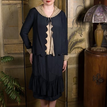 1920s Dress - Winsome Midnight Blue Silk Crepe De Chine Authentic Vintage 20s Dress with Scalloped Details and Net Lace 