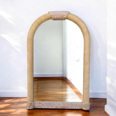 Vintage Arch Mirror, Karl Springer Style – Postmodern Tessellated Stone & Rattan Rope Detail, 48
