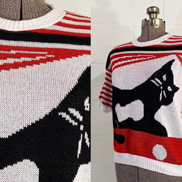 Vintage Cat Sweater Striped Clifton Place Short Sleeve Crew Neck Jumper Stripe Red White Black Large Medium 1970s 1980s 