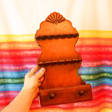 Vintage 12 slot collectible spoon rack with shelf drawer, two tier wood souvenir display or jewelry holder 