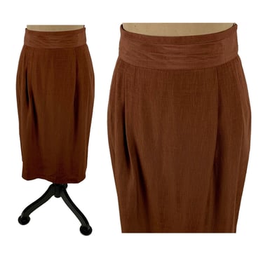 Brown Pencil Midi Skirt Medium, High Waist Straight Dark Cinnamon Russet for Fall, Classy Minimalist Office Clothes, Women Vintage from Tofy 