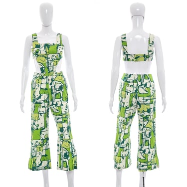 1960's Green and White Abstract Paint Print Overalls Size S