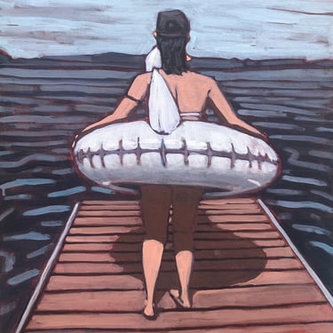Woman on Dock #7  |  Original Acrylic Painting on Canvas 18" x 24", michael van, swan, float, summer, fine art, lake, ocean, blue, orange 