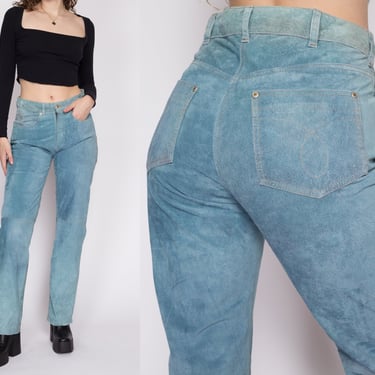 Medium 90s Blue Suede Trousers 31" | Vintage Soft Faded Leather Mid Rise Pants 
