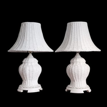 Pair White Wicker Ginger Jar Lamps 