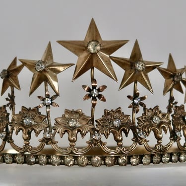 Antique French Stars Flowers Paste Brass Procession Tiara Saints Virgin Bridal Headdress 