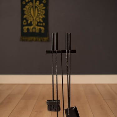 Mid Century Modernist Four Piece Black Cast Iron Fireplace Tool Set 