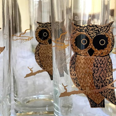 Vintage Couroc glasses, Gold owl highball cocktail glasses, Mid century glassware, Retro barware tumblers 