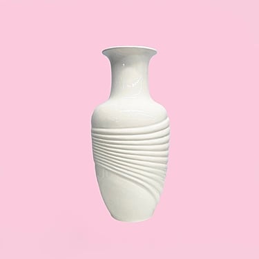 Vintage Vase Retro 1990s Contemporary + Ceramic + Large Size + White + Ribbed Design + Flower or Play Display + Home and Table Decor 