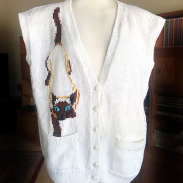 Vintage SIAMESE CAT Sweater White Cardigan Hand Made, Sleeveless Vest, Knit, Size M/L, 1960's, 1970's 