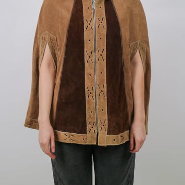 1970s Front Zip Brown Suede Bohemian Hippie Cape