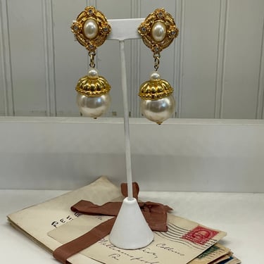 Large Gold and Pearl Dangle Earrings