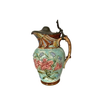 19th Century Majolica Pewter Top Pitcher 