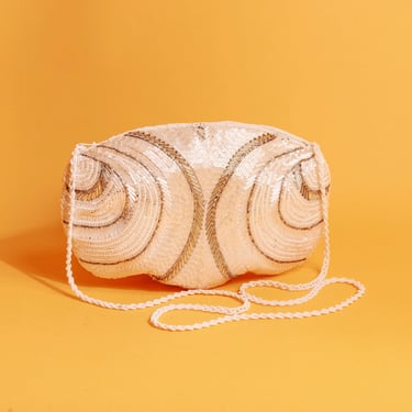 70s White Silver Beaded Round Strappy Night Purse Vintage Evening Crossbody Bag 