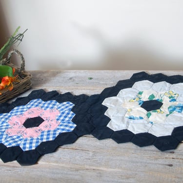 Vintage quilt blocks / 6 black floral patchwork quilt blocks / hand stitched quilt pieces / Grandmother's Flower Garden hexagon quilt pieces 