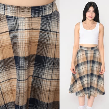 Plaid Midi Skirt 70s School Girl Skirt A-Line Checkered Tartan High Waisted Preppy Uniform Retro Tan Navy Blue Vintage 1970s Extra Small xs 