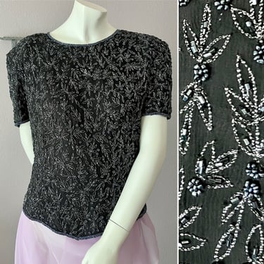 Beaded Sequin Top, Silver on Black, Tapered Style, Cocktail, Vintage 