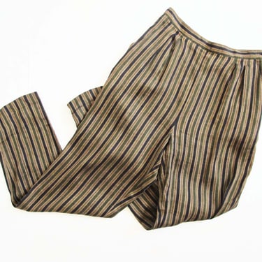 Vintage Striped Linen Trousers 28 - 90s Brown Black Green Vertical Stripe Pants - Jones New York - Tapered Leg Pants - Minimalist 