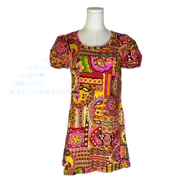 Vintage 70s Neon Psychedelic Hot Pink Yellow Floral Patchwork Print Short Dress 